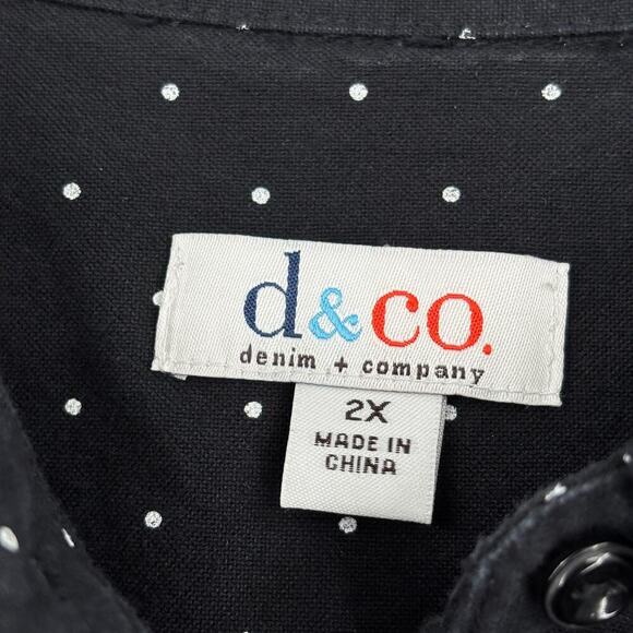 Denim & Co Tunic Blouse Size 2X Black White Polka Dot Button Up Roll Tab Sleeves - Picture 3 of 11